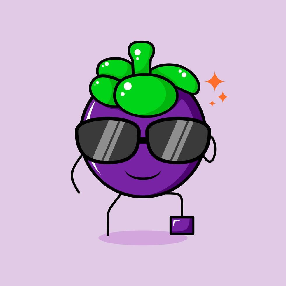 personnage de mangoustan mignon avec une expression souriante, des lunettes noires, une jambe levée et une main tenant des lunettes. vert et violet. adapté à l'émoticône, au logo, à la mascotte ou à l'autocollant vecteur