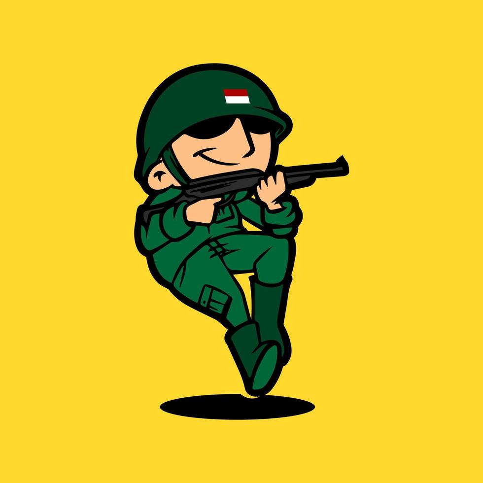 personnage de dessin animé de mascotte de l'armée rétro tenant une arme en sautant. célébration de la fête de l'indépendance de l'indonésie. vecteur