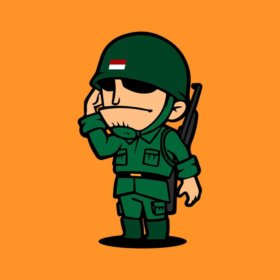 personnage de dessin animé de mascotte de l'armée rétro faisant le salut. célébration de la fête de l'indépendance de l'indonésie. vecteur