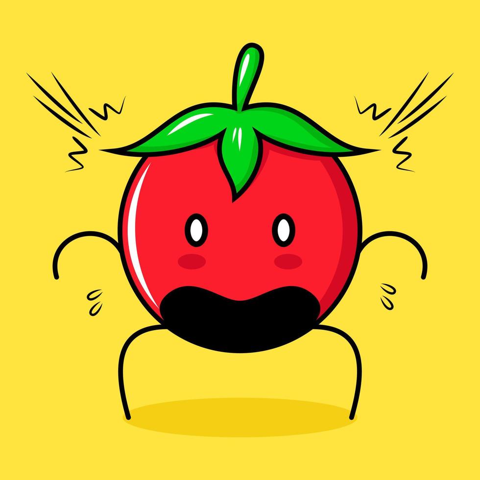 personnage de tomate mignon avec une expression choquée, la bouche ouverte et les yeux exorbités. vert, rouge et jaune. adapté pour émoticône, logo, mascotte vecteur