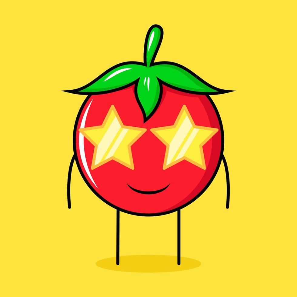 personnage mignon de tomate avec une expression de sourire et des lunettes d'étoiles. vert, rouge et jaune. adapté pour émoticône, logo, mascotte vecteur