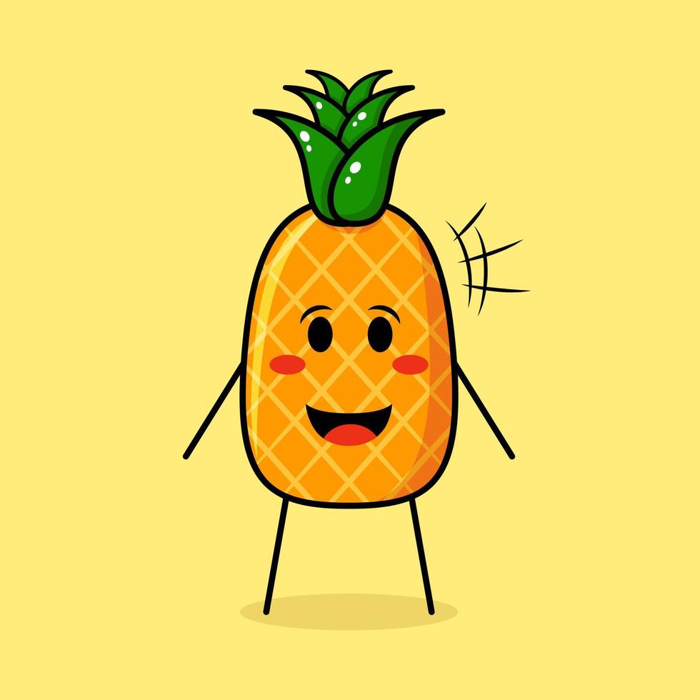 personnage d'ananas mignon avec une expression heureuse et la bouche ouverte. vert et jaune. adapté pour émoticône, logo, mascotte vecteur