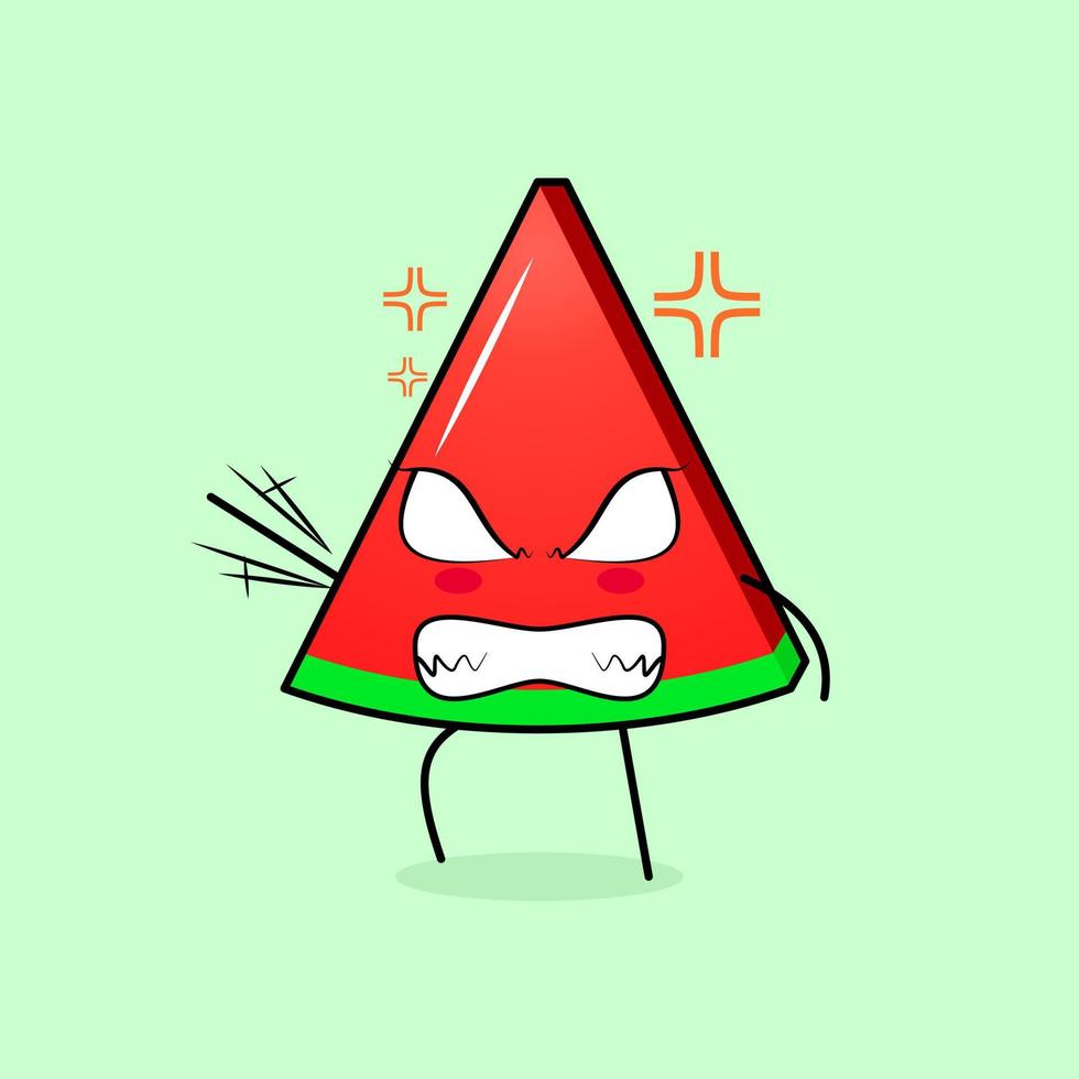 mignon personnage de tranche de pastèque avec une expression de colère. vert et rouge. adapté à l'émoticône, au logo, à la mascotte. une main levée, les yeux exorbités et souriants vecteur