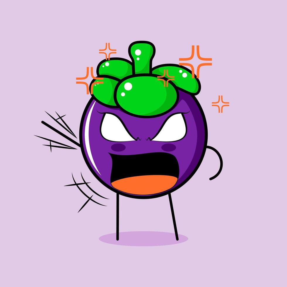 personnage de mangoustan mignon avec une expression de colère. vert et violet. adapté à l'émoticône, au logo, à la mascotte. une main levée, les yeux exorbités et la bouche grande ouverte vecteur