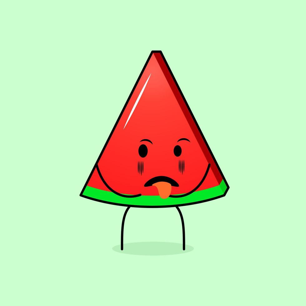 personnage mignon de tranche de pastèque avec une expression dégoûtante et la langue qui sort. vert et rouge. adapté à l'émoticône, au logo, à la mascotte et à l'icône vecteur