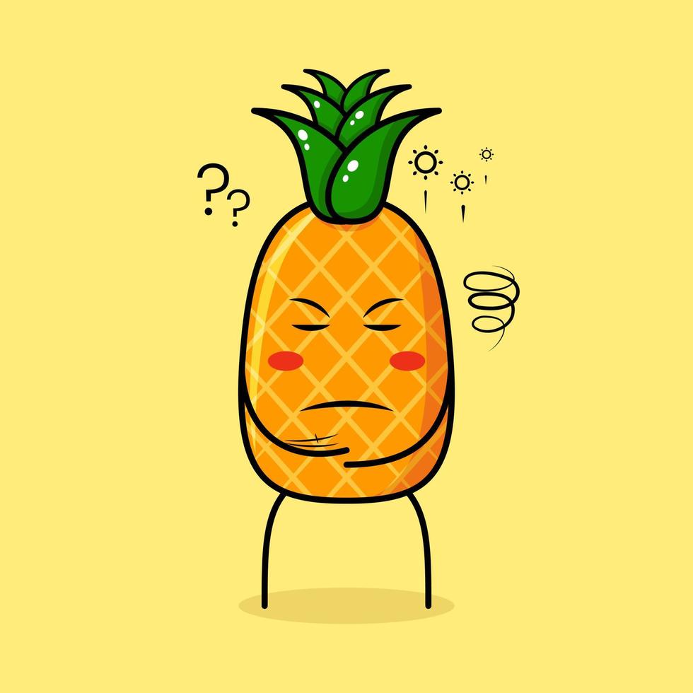 personnage d'ananas mignon avec une expression de pensée et des yeux fermés. vert et jaune. adapté pour émoticône, logo, mascotte vecteur