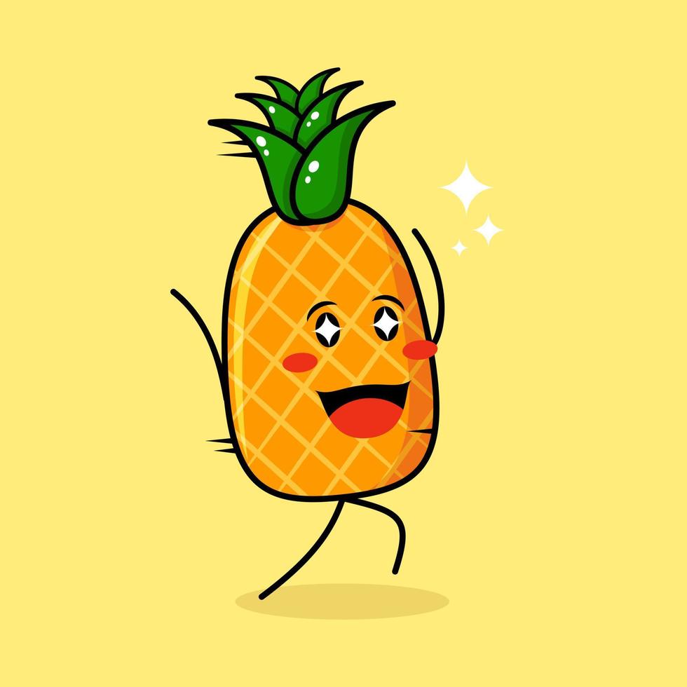 joli personnage d'ananas avec une expression heureuse, une course, deux mains levées et des yeux pétillants. vert et jaune. adapté pour émoticône, logo, mascotte vecteur