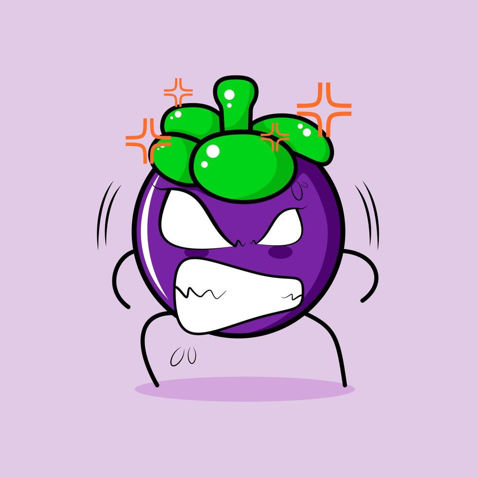 personnage de mangoustan mignon avec une expression de colère. yeux exorbités et souriants. adapté à l'émoticône, au logo, à la mascotte et à l'autocollant. vert et violet vecteur