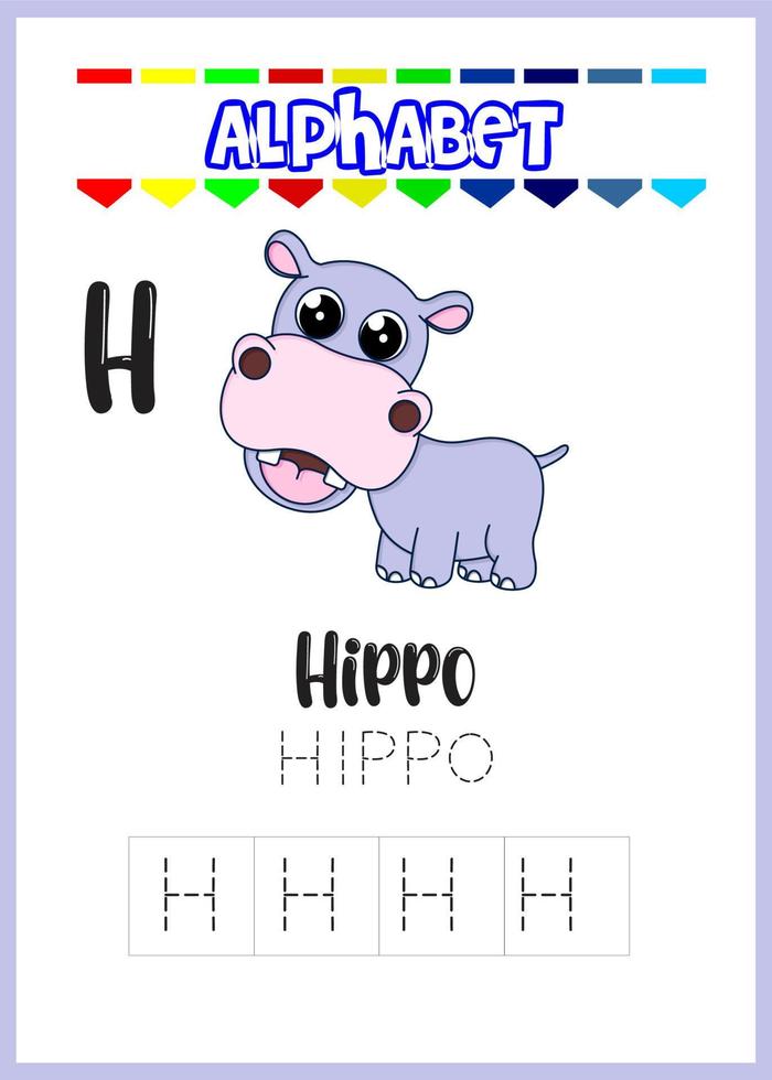 lettre de l'alphabet h est une page d'hippopotame, hippopotame mignon vecteur