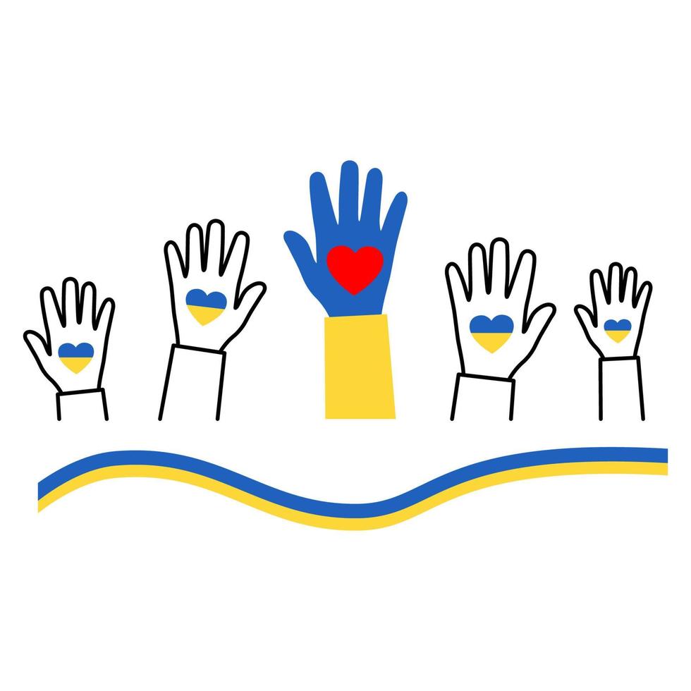 les formes de coeur ont levé les mains dans les couleurs nationales ukrainiennes bleu jaune. soutenir l'ukraine vecteur