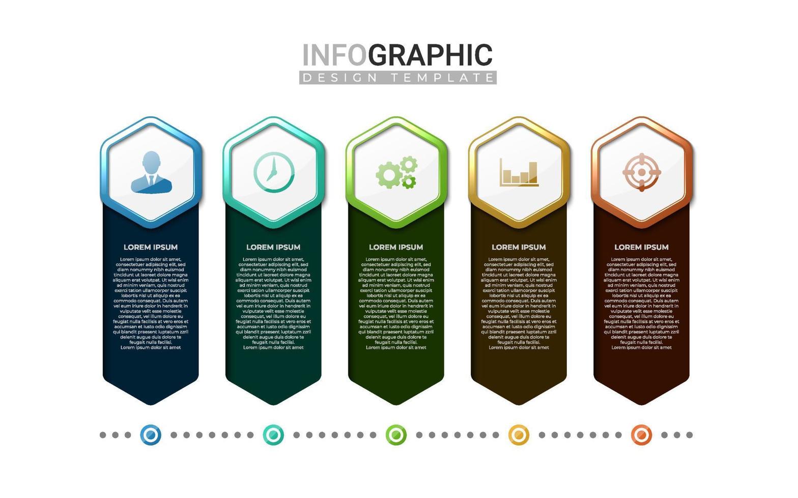 Étiquette infographique réaliste 3d en 5 étapes. infographie verticale avec une forme hexagonale dégradée colorée. étapes d'informations commerciales avec icône vecteur