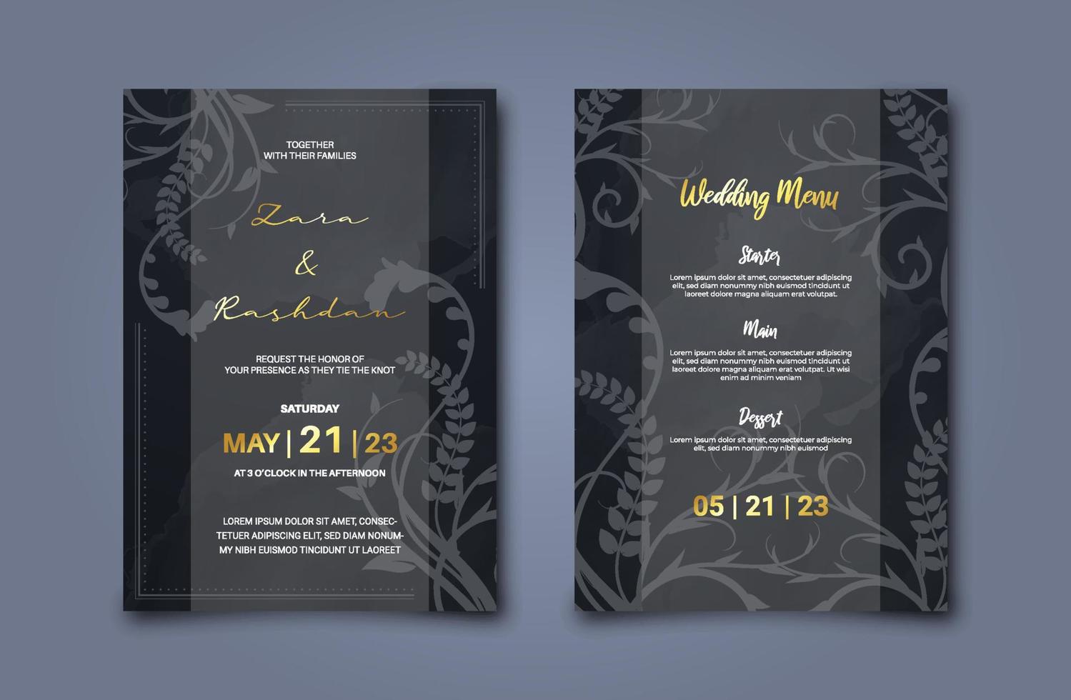 conception d'invitation de mariage floral de luxe. modèle d'invitation or et noir avec ornement baroque vintage vecteur