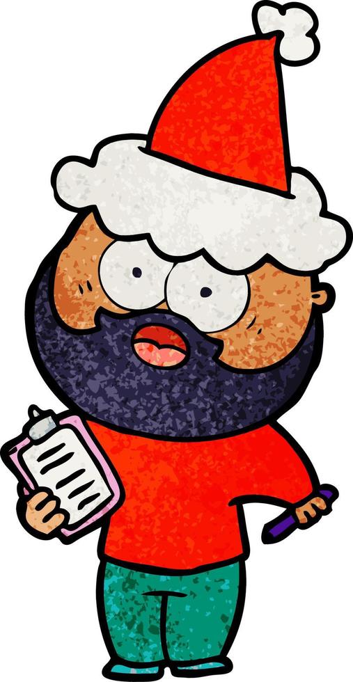 caricature texturée d'un homme barbu avec presse-papiers et stylo portant un bonnet de noel vecteur