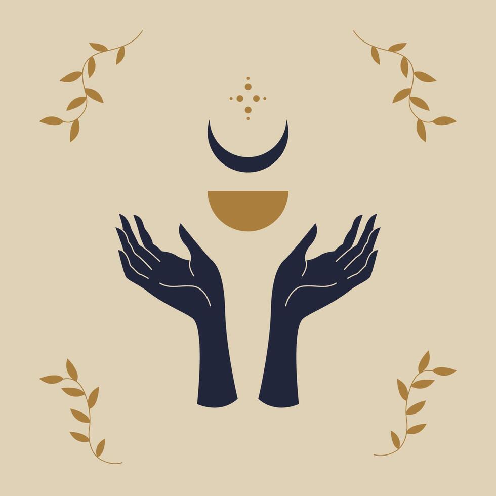 logo de mains féminines mystiques dans un style linéaire minimal. création de logo vectoriel. modèles avec divers gestes de la main, lune, étoiles et cristaux. pour les cosmétiques, la beauté, le tatouage, le spa, la manucure, la bijouterie vecteur