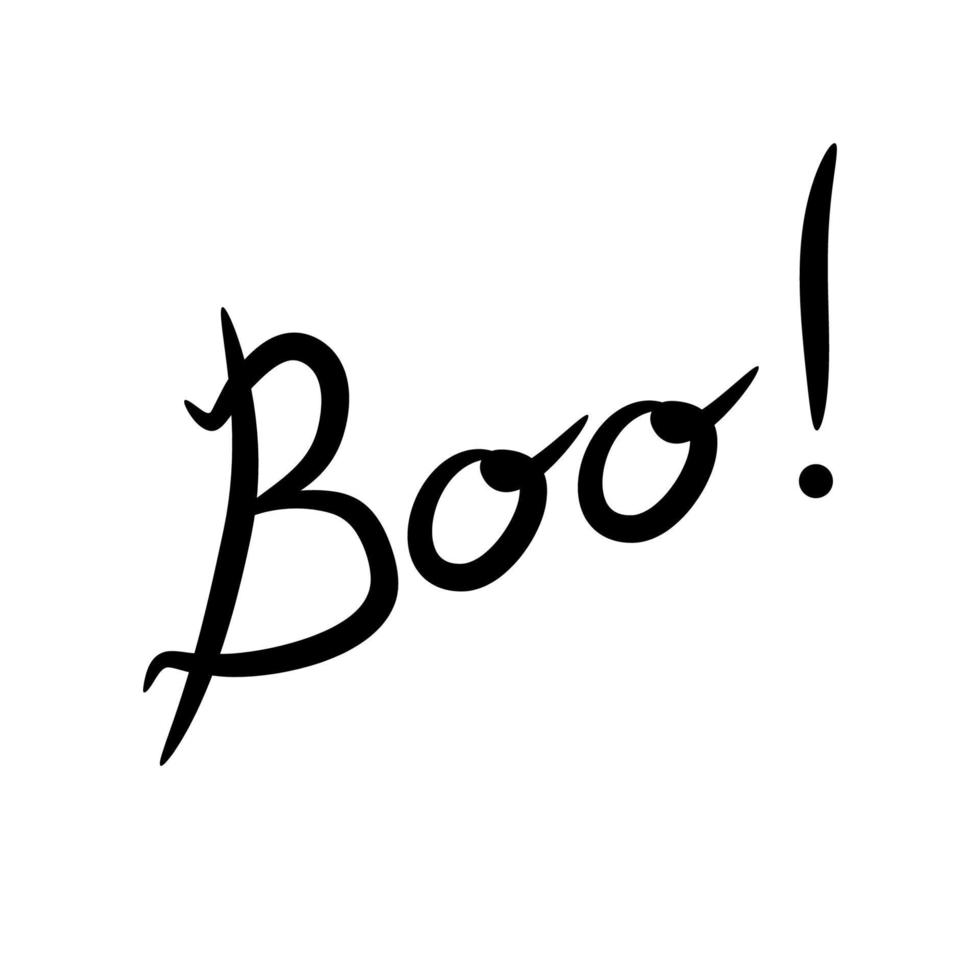 boo de lettrage d'halloween. calligraphie dessinée à la main noire dans un style doodle. élément de conception pour affiche, bannière, carte de voeux, invitation à une fête. illustration vectorielle vecteur