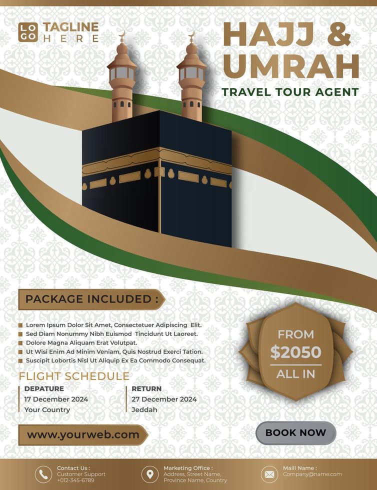 conception d'arrière-plan de modèle de brochure ou de dépliant islamique hajj et umrah avec illustration de la mecque dans un design réaliste 3d. vecteur