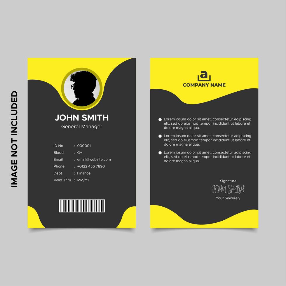 modèle de carte d'identité d'employé noir et jaune vecteur