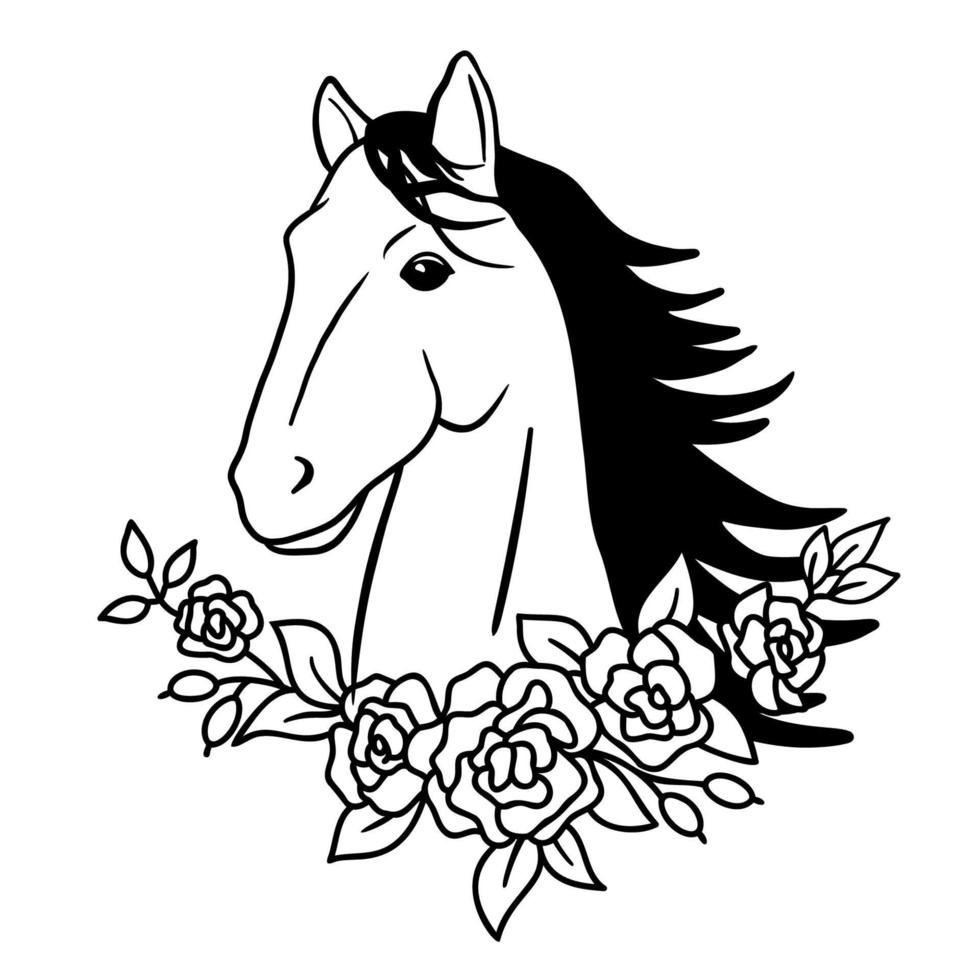 silhouette vecteur de tête de cheval avec bouquet de fleurs. illustration monochrome dessinée à la main isolée sur fond blanc.