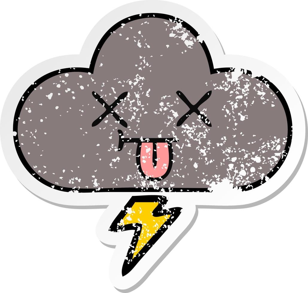 autocollant en détresse d'un nuage d'orage de dessin animé mignon vecteur