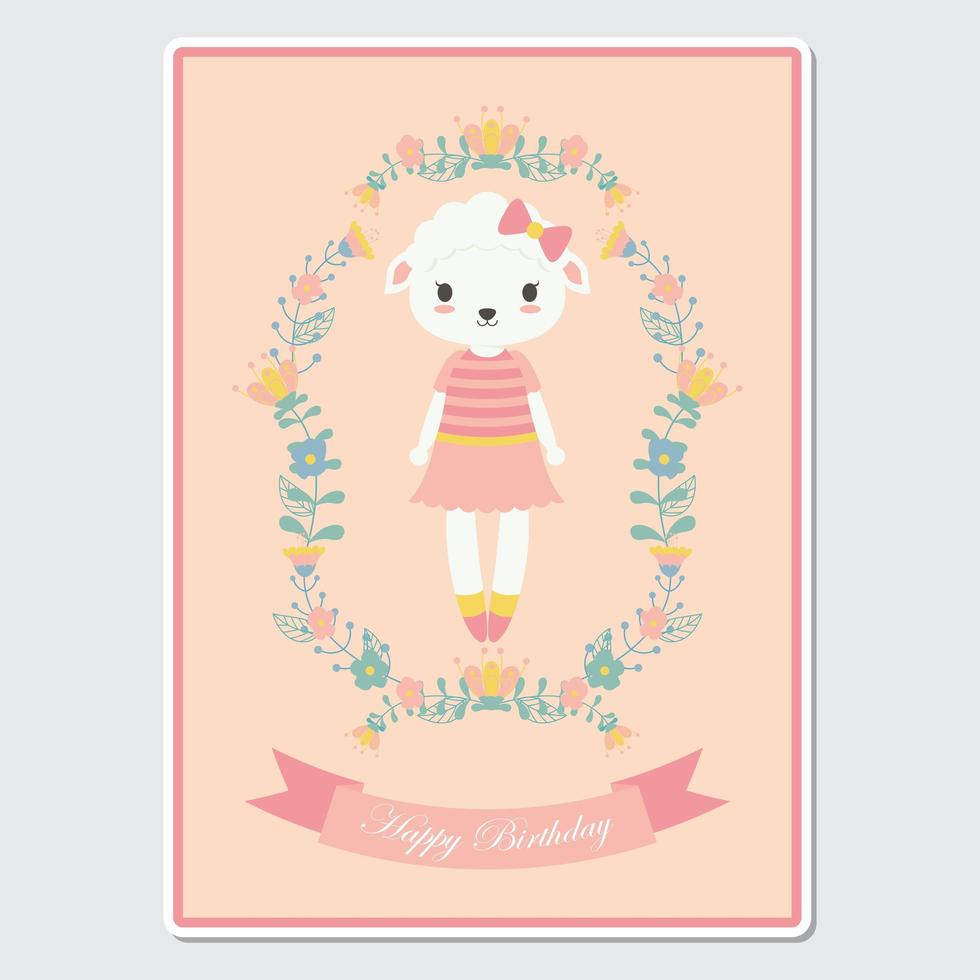 mouton, girl, fleurs, couronne, anniversaire, carte vecteur