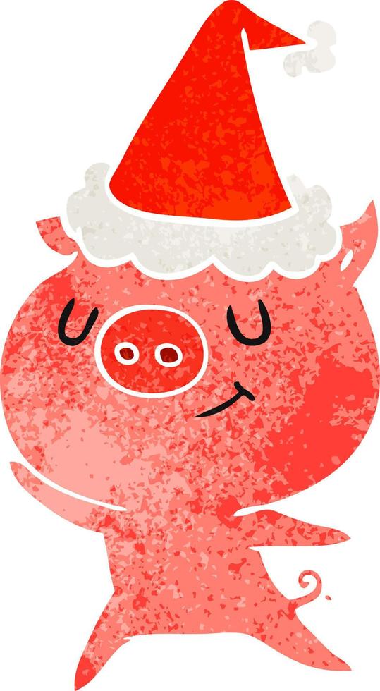 heureux, retro, dessin animé, de, a, cochon, porter, bonnet noel vecteur