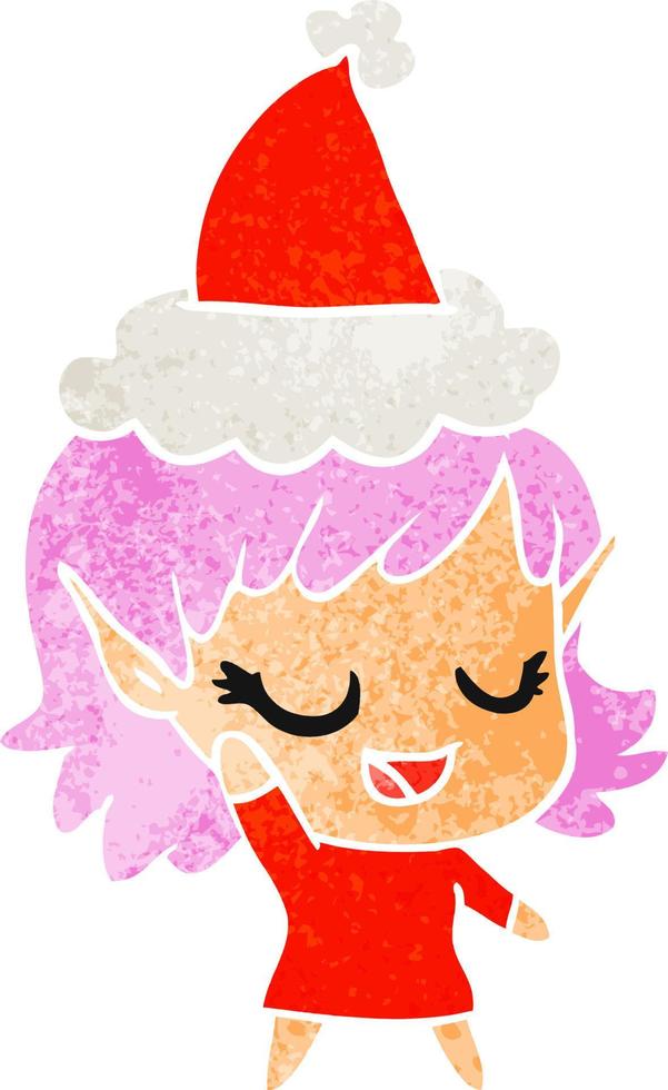 joyeux dessin animé rétro d'une fille elfe portant un bonnet de noel vecteur