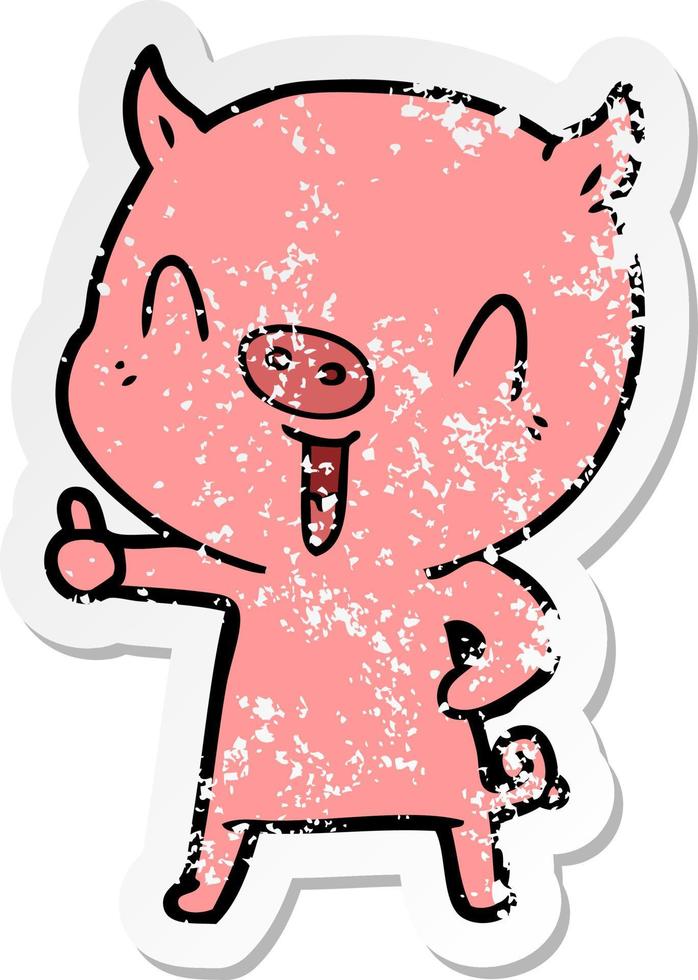 autocollant en détresse d'un cochon de dessin animé heureux vecteur