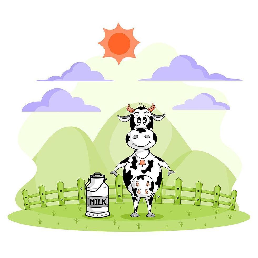 dessin animé, vache, lait, seau, ferme vecteur