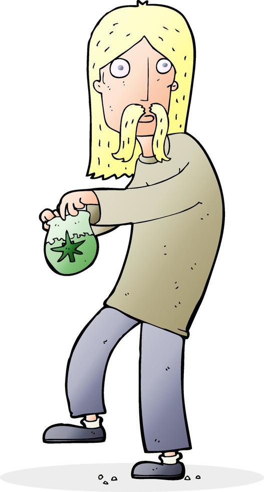 dessin animé hippie homme avec sac de mauvaises herbes vecteur