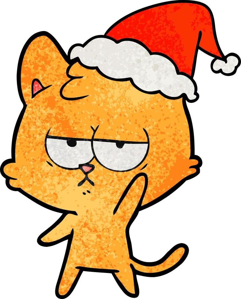 dessin animé texturé ennuyé d'un chat portant un bonnet de noel vecteur