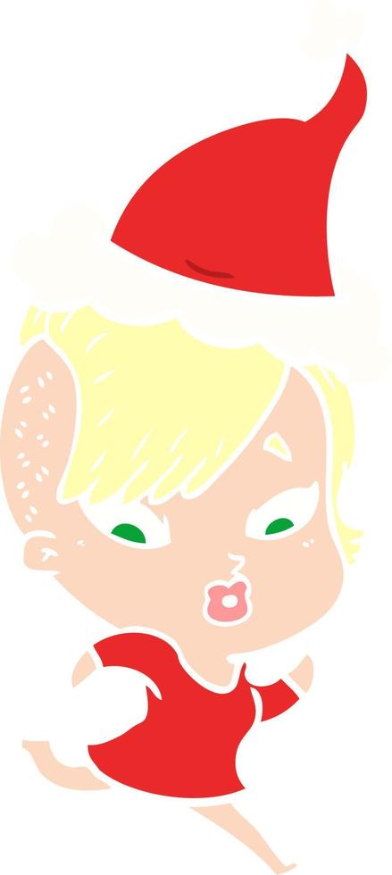 illustration en couleur plate d'une fille surprise portant un bonnet de noel vecteur