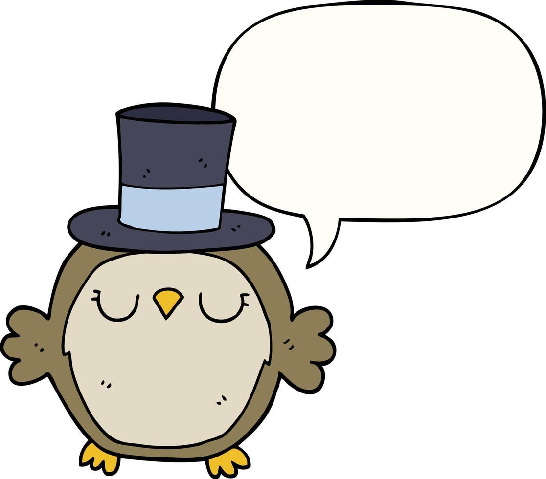 hibou de dessin animé portant un chapeau haut de forme et une bulle de dialogue vecteur