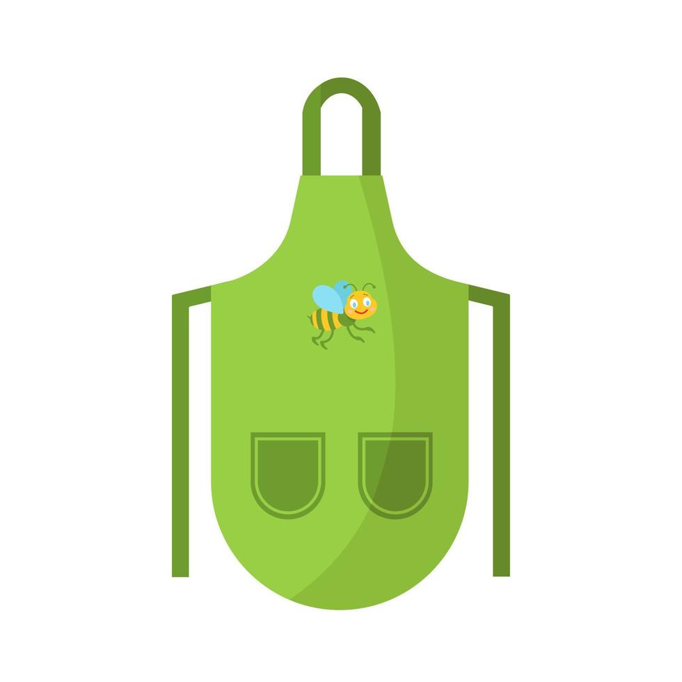 tablier de cuisine vert vif avec cordons de serrage avec deux poches et beau motif d'abeilles. chasuble pour travailler en cuisine. robe de cuisine femme au foyer vecteur
