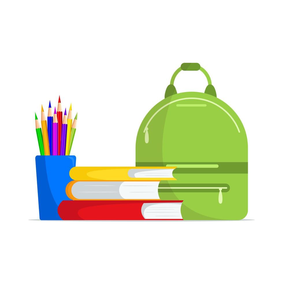 sac à dos scolaire, des livres colorés sont empilés, des crayons en verre. fournitures scolaires et de bureau. illustration vivante de l'éducation scolaire. retour à l'école vecteur