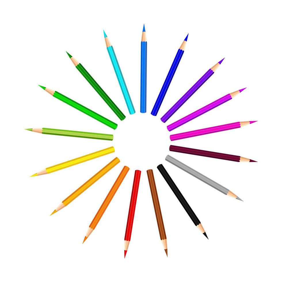 crayons de couleur se trouvant en cercle, isolés sur fond blanc. ensemble de crayons pour illustrations, art, étude. articles de retour à l'école. soleil arc-en-ciel fait de crayons vecteur