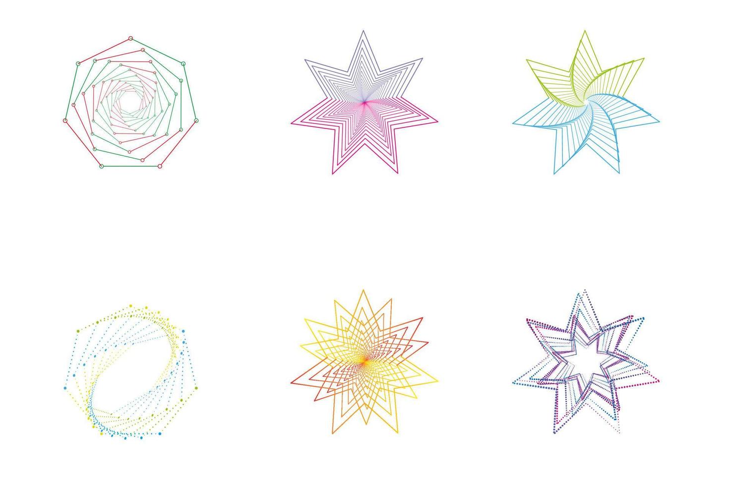 ensemble de spirales étoiles dessin au trait, éléments de conception, motifs abstraits de ligne. tourbillon en spirale, ligne de torsion, vortex. modèles vectoriels de lignes géométriques de rotation radiale. vecteur