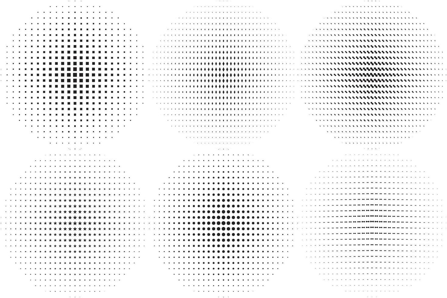 grand ensemble de traits de cercle texturés noirs isolés sur fond blanc. cercles abstraits en pointillés, dégradé de points géométriques ronds en demi-teinte et texture pop art. ensemble de vecteurs de gradation de poussière. vecteur