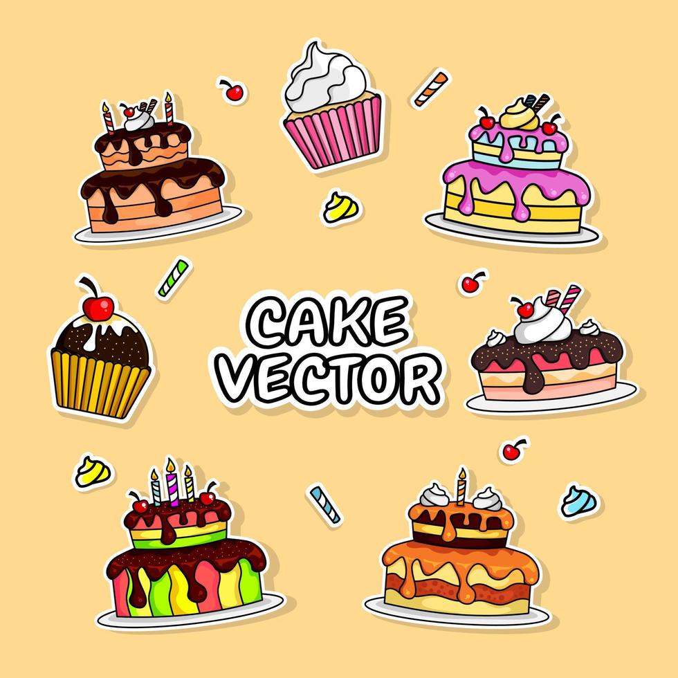 collection de gâteaux, cupcakes, chocolat à la crème, gâteau d'anniversaire. vecteur