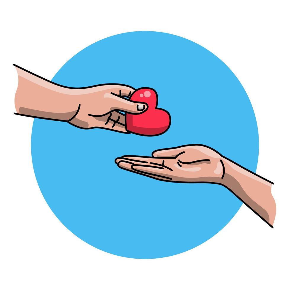 main donne un coeur rouge à un autre, isolé sur fond de cercle bleu. amour ou appréciation dans l'illustration du concept de médias sociaux. vecteur