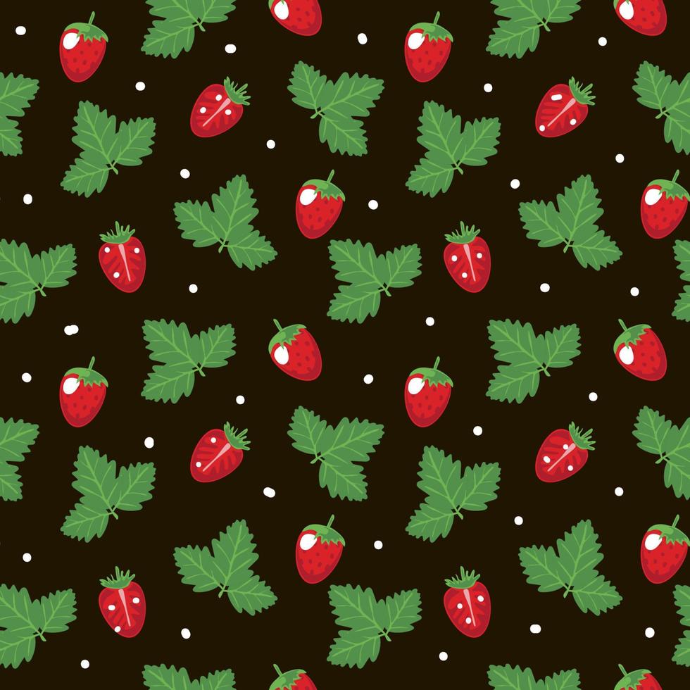 motif fraise sans soudure, illustration vectorielle d'été en style cartoon. fraises entières et moitiés. feuilles de la plante. motif d'été lumineux sur fond noir vecteur