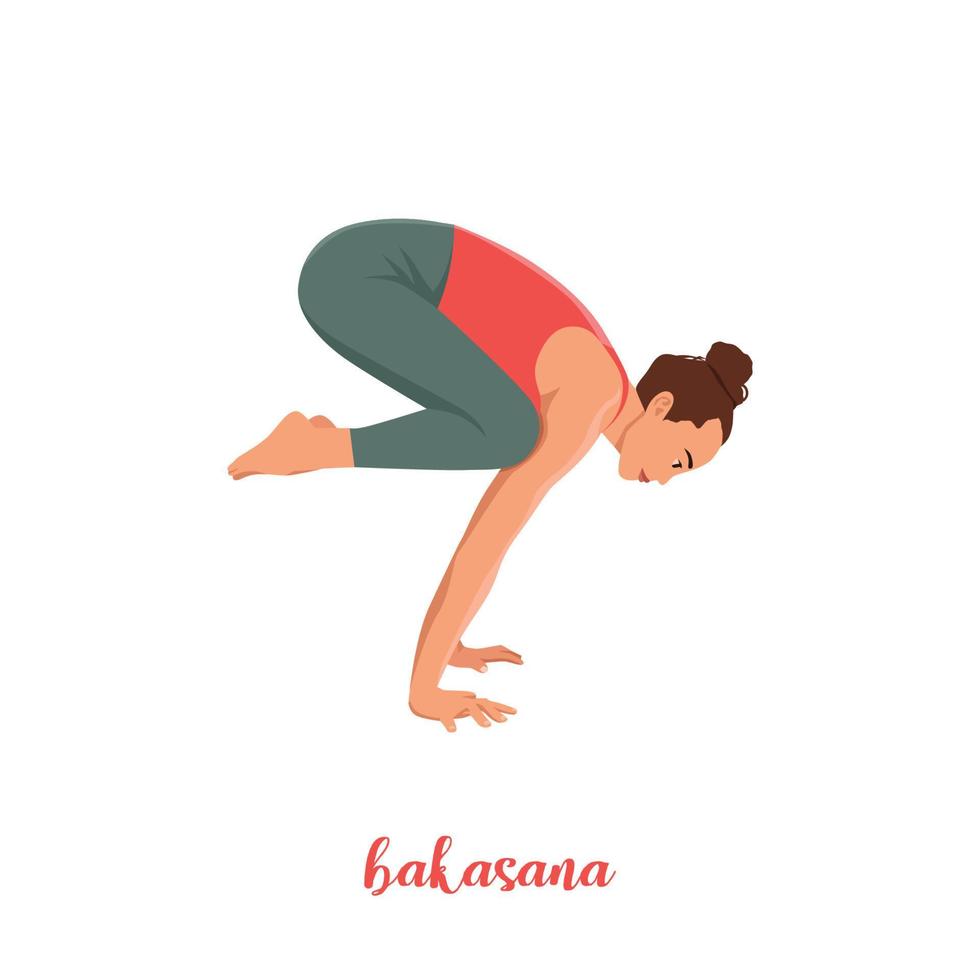 pose de grue - pose de yoga bakasana. jeune femme pratiquant l'exercice de yoga. fitness d'entraînement de femme, aérobie et exercices. illustration vectorielle. vecteur