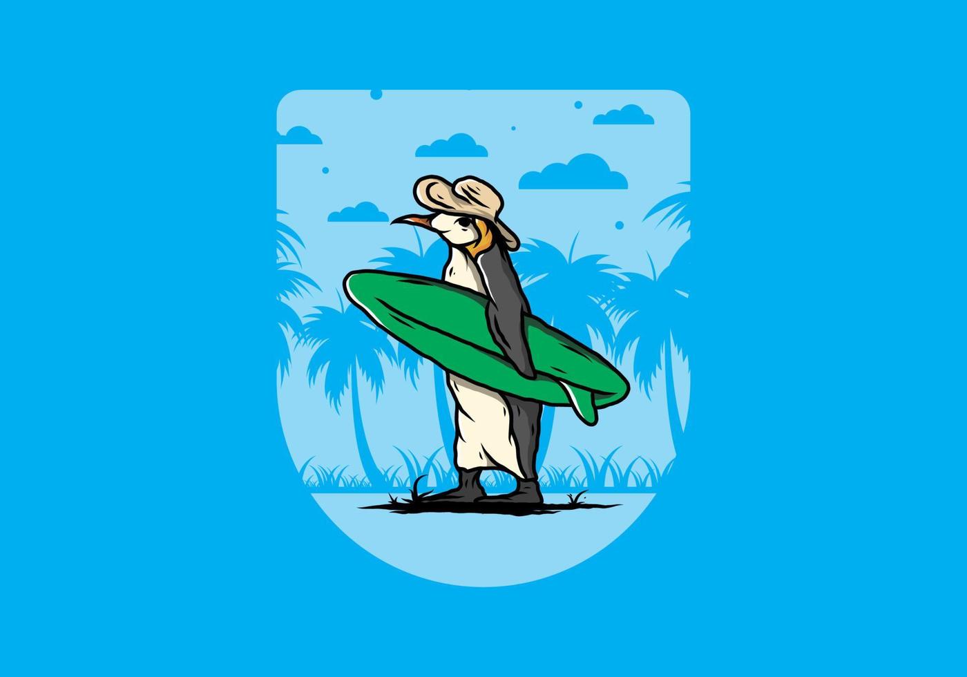 pingouin mignon portant une planche de surf sur l'illustration de la plage vecteur