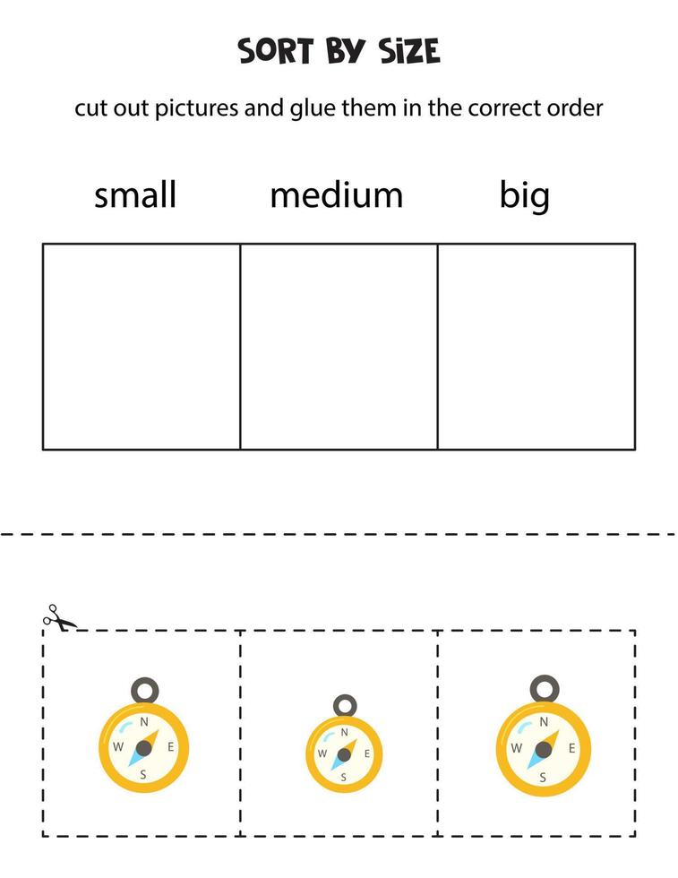 trier la boussole de navigation par taille. feuille de travail éducative pour les enfants. vecteur