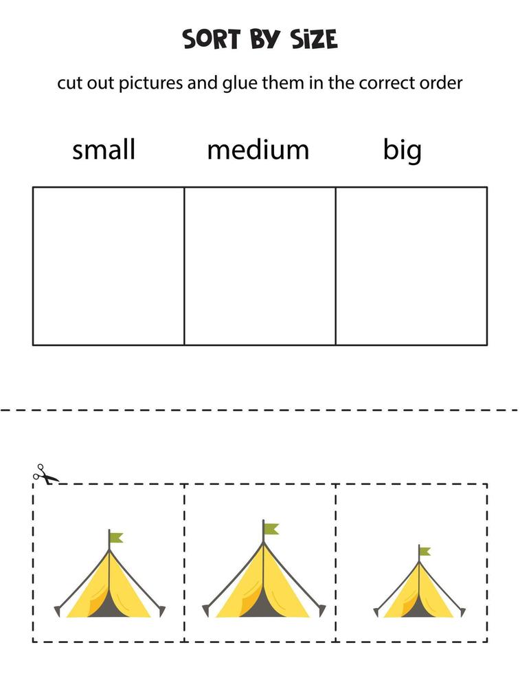 découpez des images et triez-les par taille. petit, moyen ou grand. fiche pédagogique. vecteur