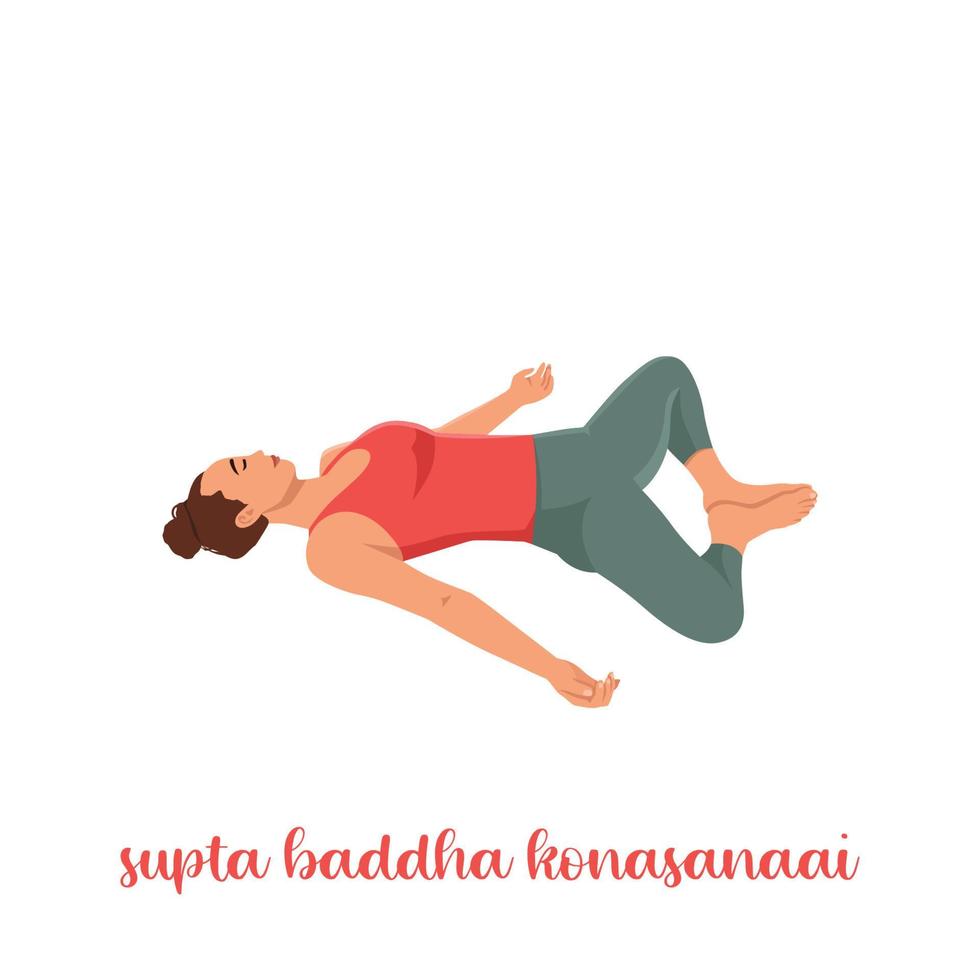 femme se reposant dans une pose de yoga à angle lié inclinable, supta baddha konasana, asana réparatrice et relaxante. illustration de vecteur plat isolé sur fond blanc