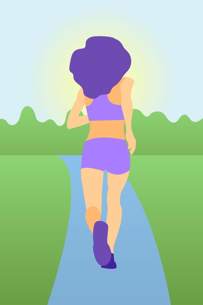 belle fille mince faisant du sport dans des vêtements violets. la fille lui a tourné le dos. femme faisant du jogging le long du chemin dans le parc vecteur