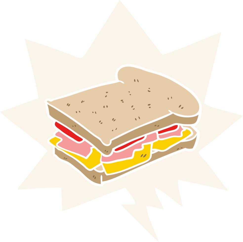 dessin animé jambon fromage tomate sandwich et bulle de dialogue dans un style rétro vecteur