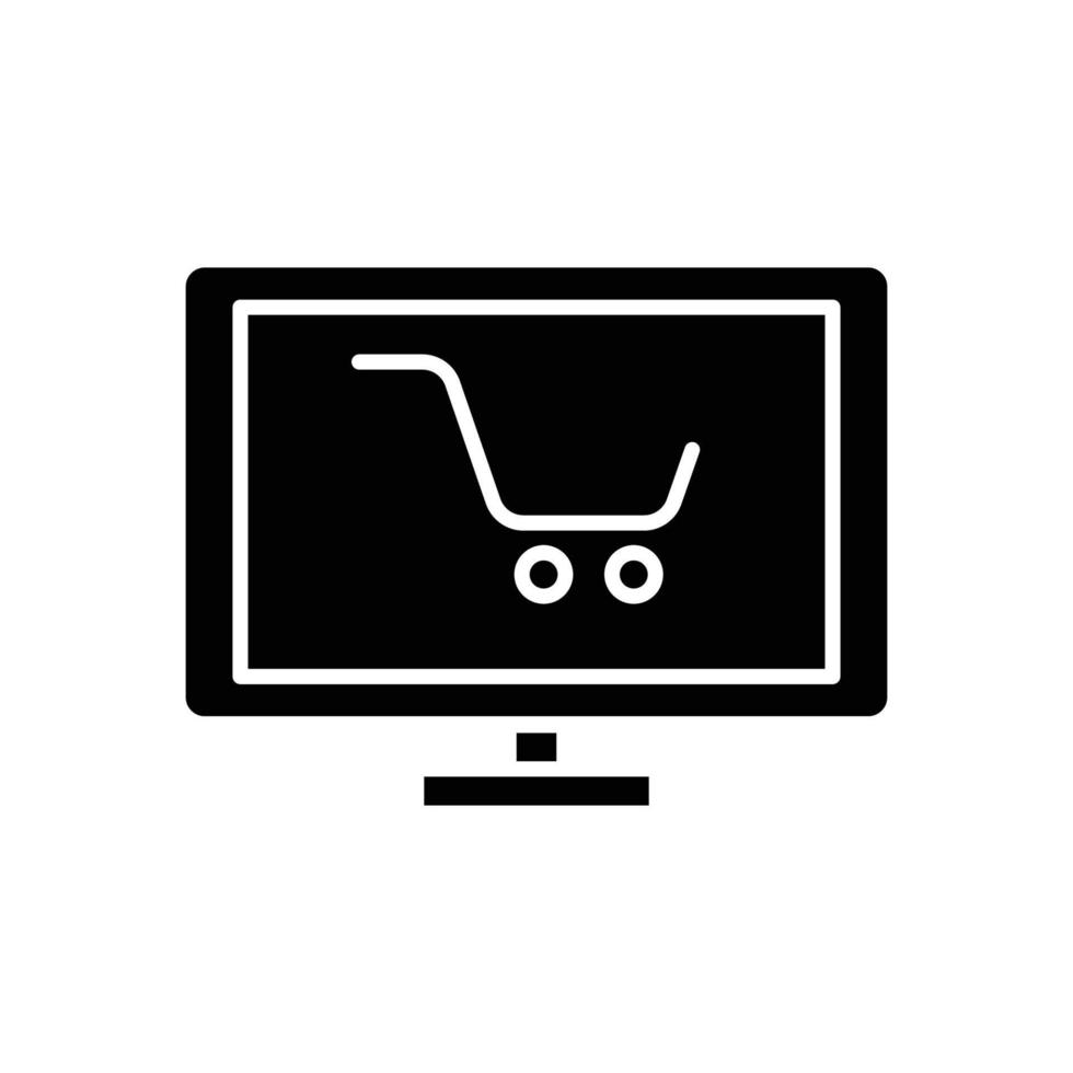 vecteur d'icône d'ordinateur portable avec panier d'achat. shopping en ligne, acheter en ligne, boutique en ligne. style d'icône solide, glyphe. illustration de conception simple modifiable