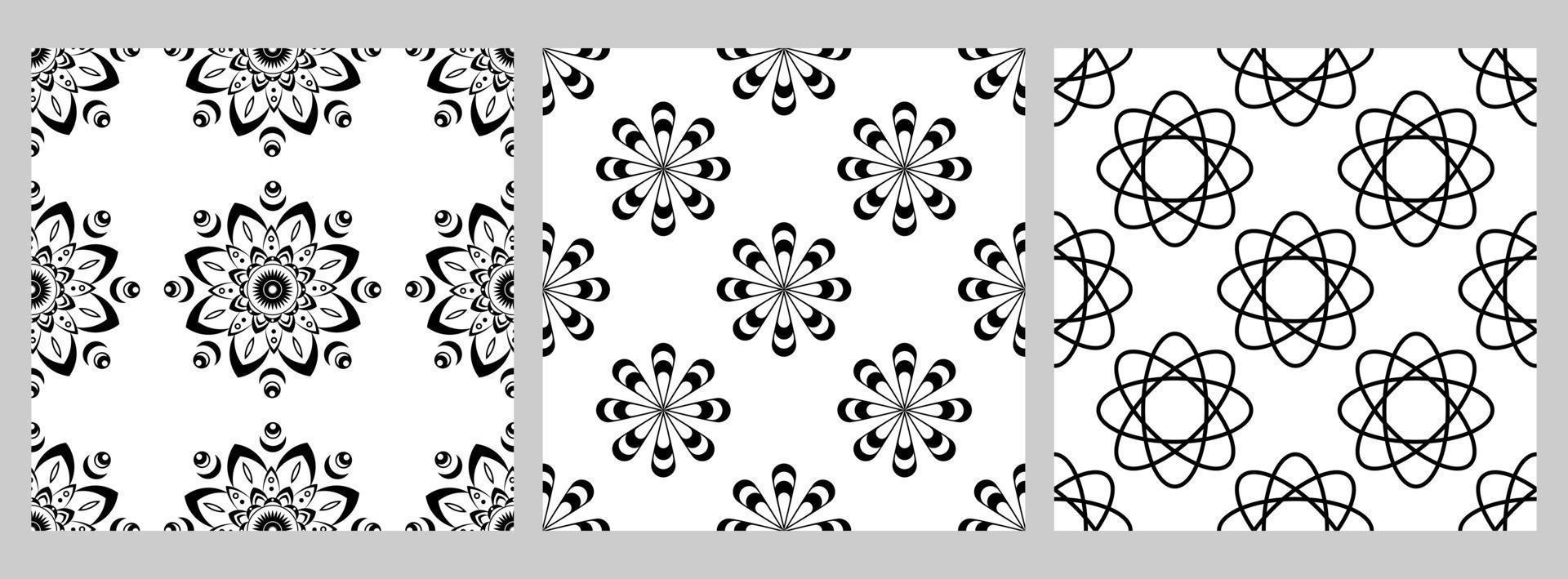 ensemble de motifs géométriques sans soudure avec des figures décalées. formes noires sur fond blanc. mandalas, fleurs vecteur