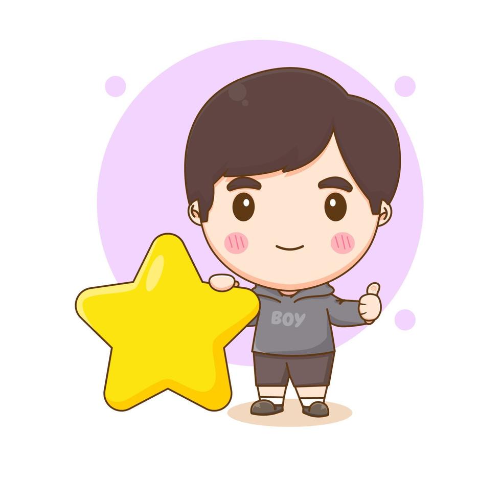 mignon garçon tenant une étoile avec le pouce vers le haut. personnage de dessin animé chibi vecteur